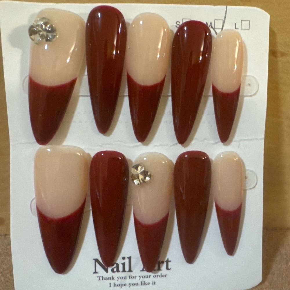 Burgundy French Tip Almond Press On Nails with Rhinestone Accents Set of 10